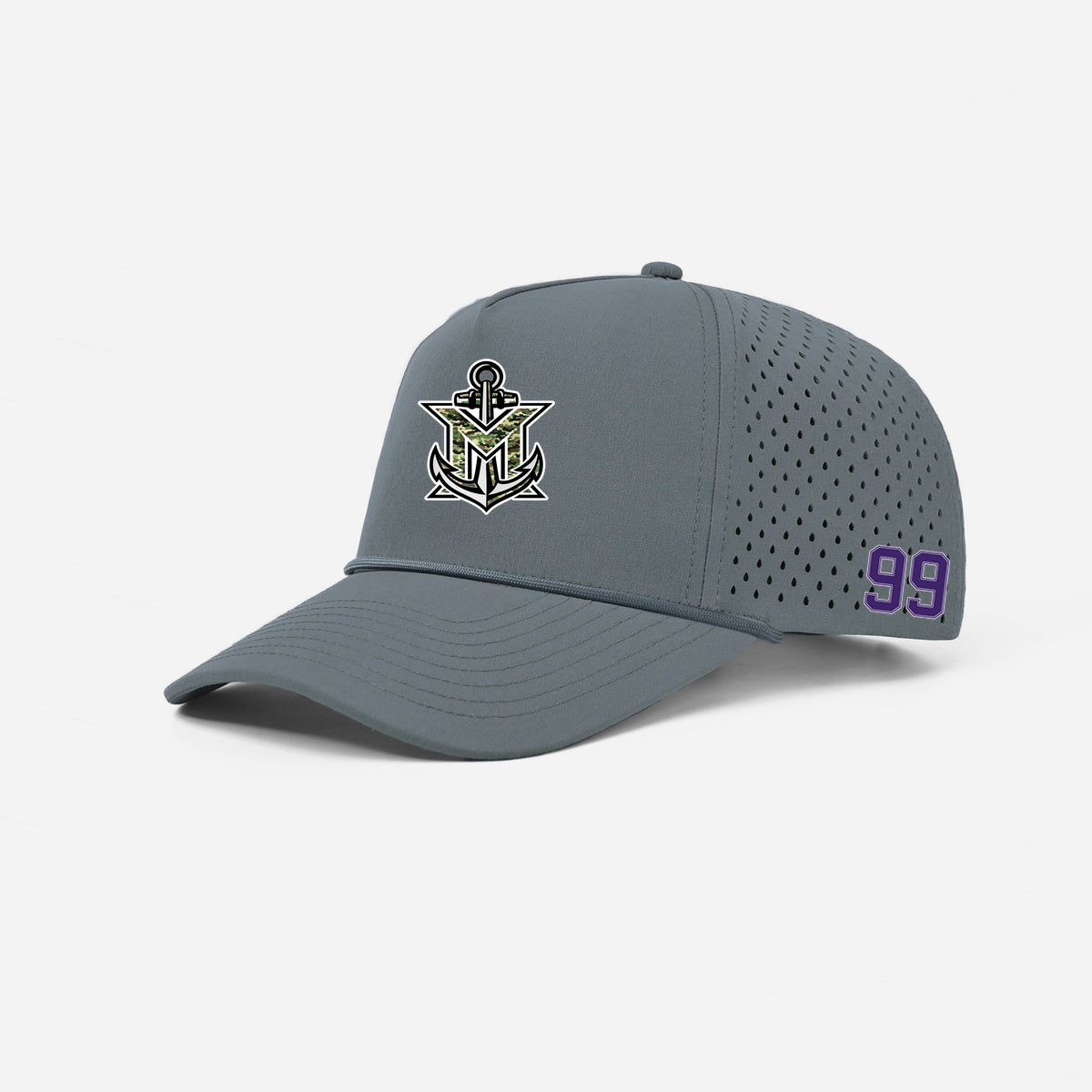 MVYH Blank & Custom 5 Panel Laser Performance Golf Rope Hat - MV Camo - Silver/Purple