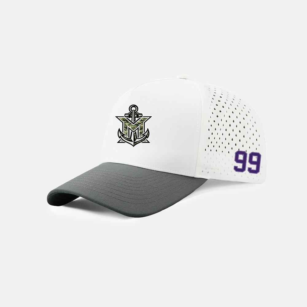 MVYH Blank Laser Perforated 5 Panel Performance Snapback Golf Hat - MV Camo - Silver/Purple